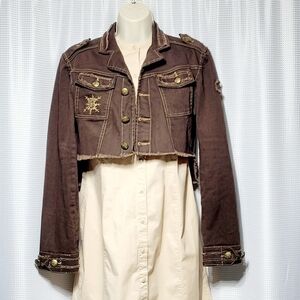 Banana Dark Brown Denim Crop Raw Edge Military Jacket Women's (S**) Made in USA